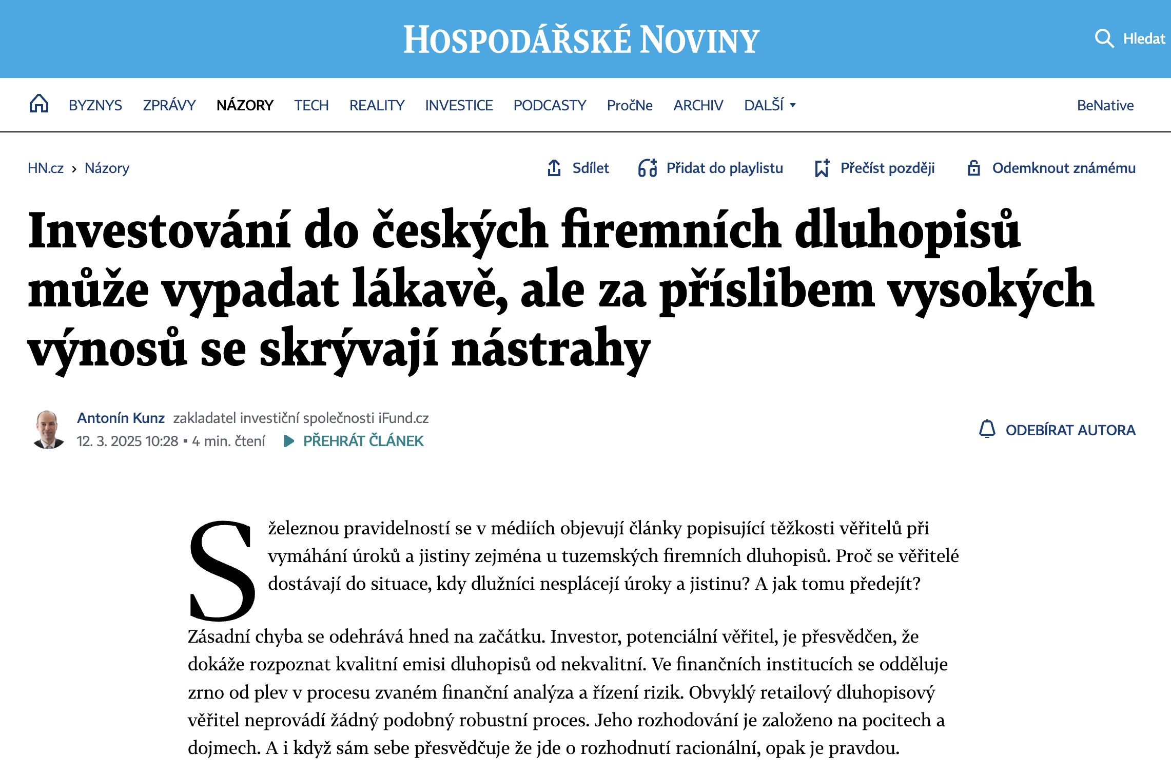 Článek Antonína Kunze v Hospodářských novinách